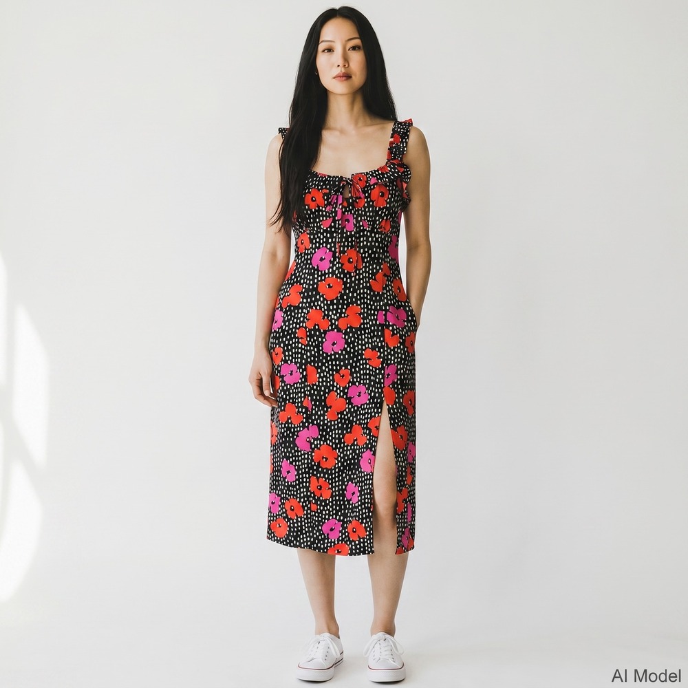 River Island‎ Floral Polka Dot Dress Womens US 4 Black Red Ruffle Midi Sheath